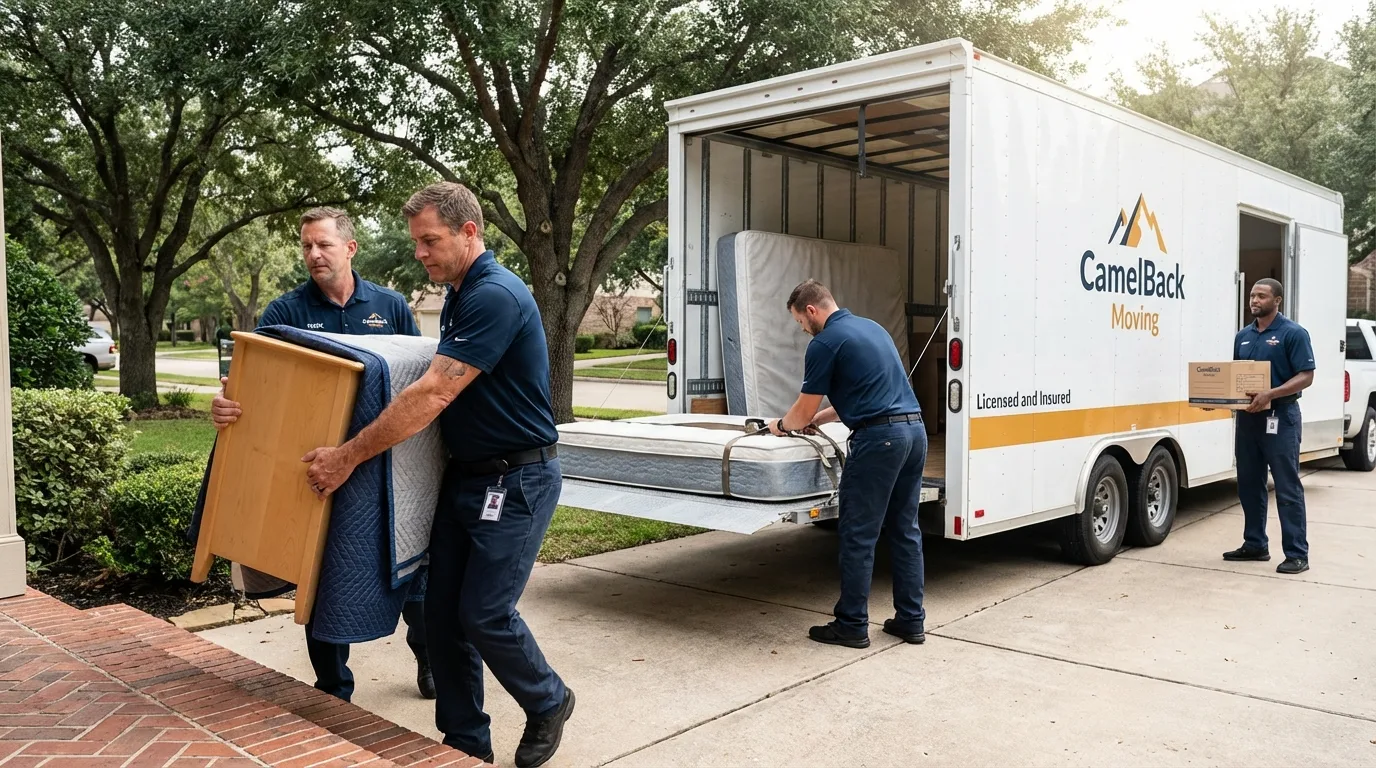 Crew loading residential truck for cross-state move from Napoleonville, LA
