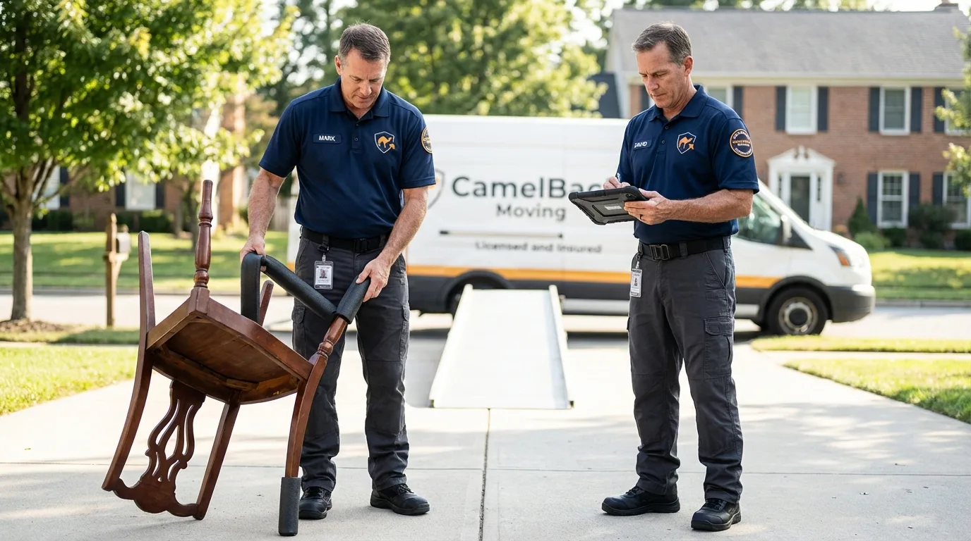 Movers inspecting furniture for damage prevention before loading in Napoleonville, LA
